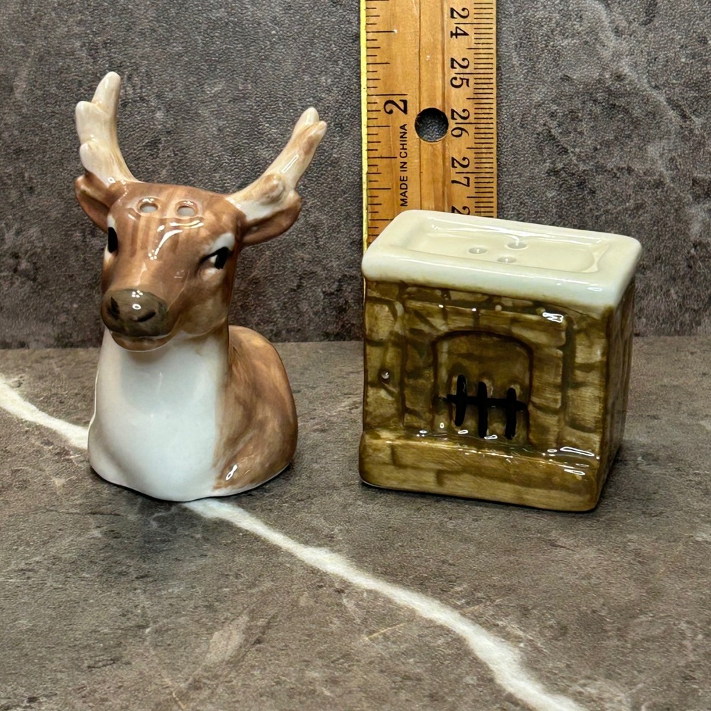 Vintage Ceramic Deer Buck and Fireplace Salt and Pepper Shaker Set Rustic Cabin